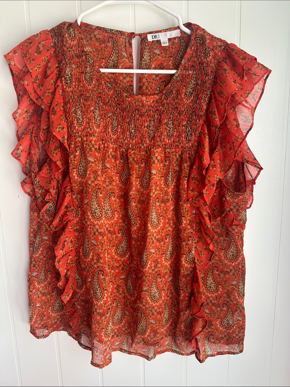 DR2 Coral Rust Paisley Ruffle Sleeveless Blouse
